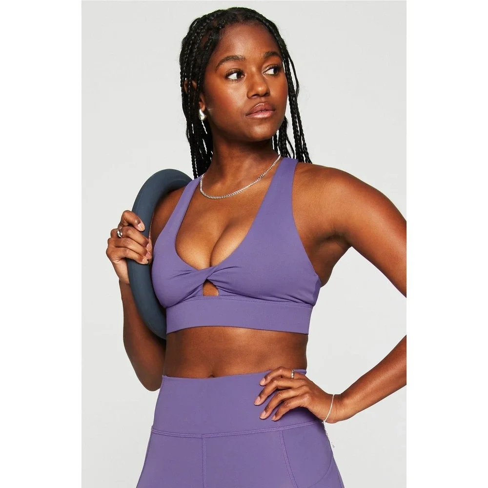 Fabletics Oasis Twist Medium Impact Sports Bra Purple Crossback Yoga Top‎